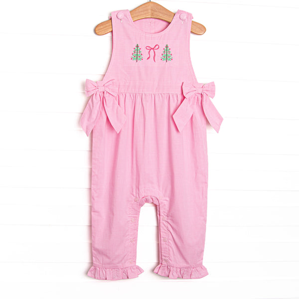 This romper features a pink gingham print, bows on the sides, and Christmas tree and bow embroidery.