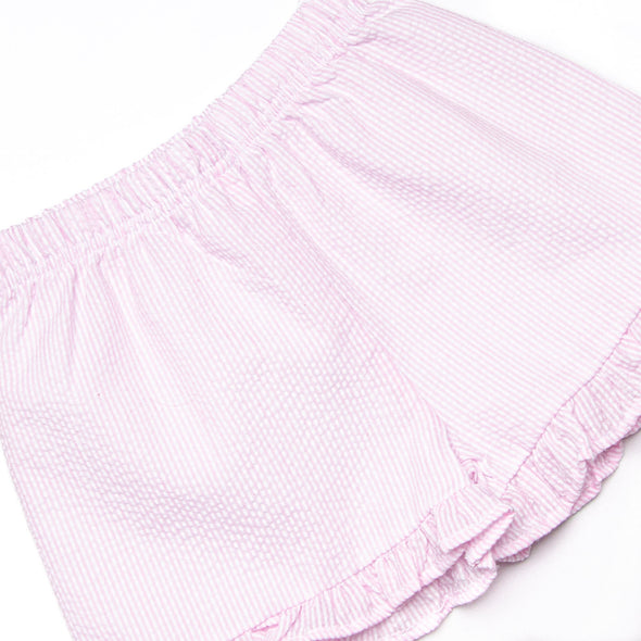 Pencil Me In Applique Ruffle Short Set, Pink Seersucker
