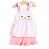 Tulum Tropics Smocked Short Set, Pink Seersucker