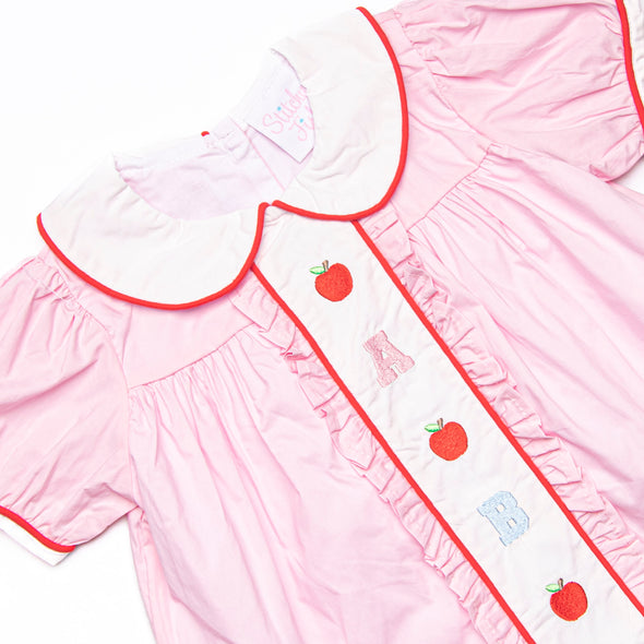 Alphabet Apples Embroidered Ruffle Short Set, Pink