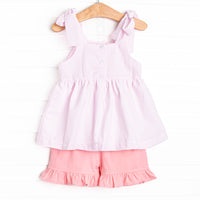 Tulum Tropics Smocked Short Set, Pink Seersucker