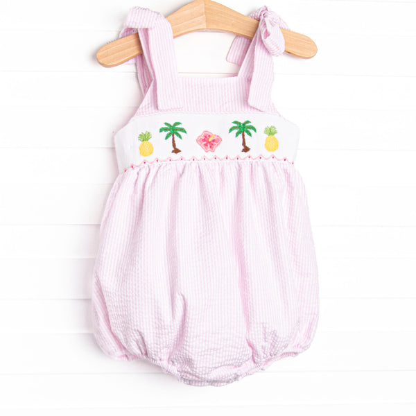 Tulum Tropics Smocked Bubble, Pink Seersucker