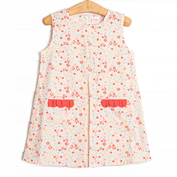 Petals and Poppies Scalloped Pocket Dress, Red