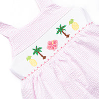Tulum Tropics Smocked Short Set, Pink Seersucker