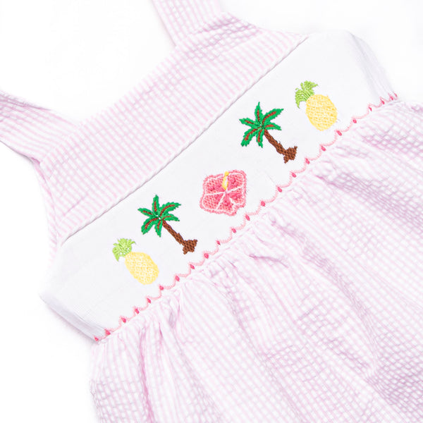 Tulum Tropics Smocked Short Set, Pink Seersucker