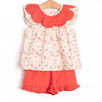 Petals and Poppies Scalloped Flutter Sleeve Short Set, Red