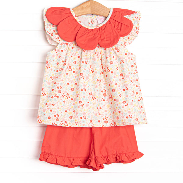 Petals and Poppies Scalloped Flutter Sleeve Short Set, Red