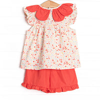 Petals and Poppies Scalloped Flutter Sleeve Short Set, Red