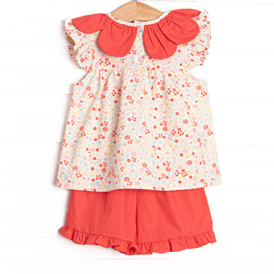 Petals and Poppies Scalloped Flutter Sleeve Short Set, Red