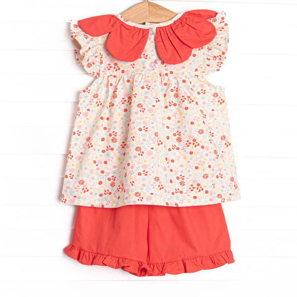 Petals and Poppies Scalloped Flutter Sleeve Short Set, Red