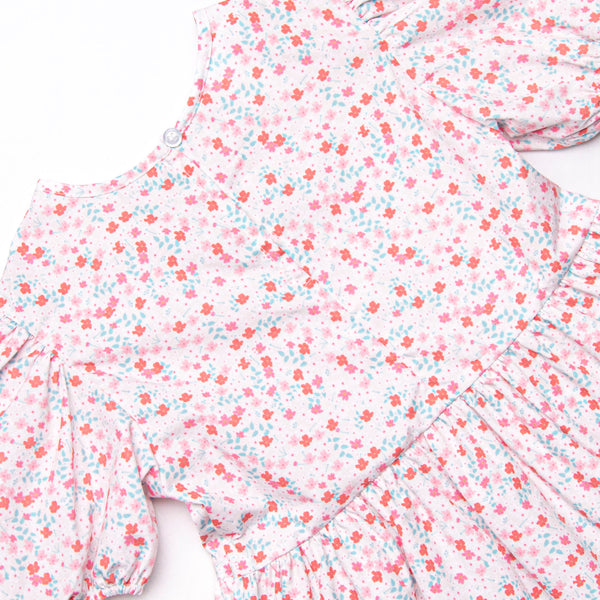 Cherry Tree Blooms Puff Sleeve Dress, Red