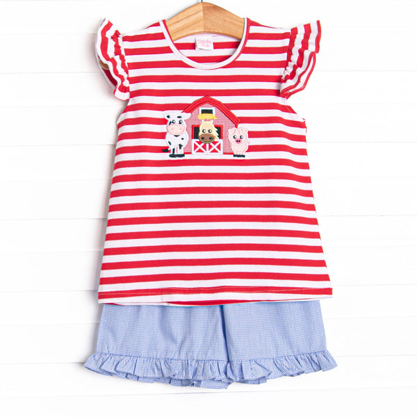 Back at the Barnyard Applique Ruffle Short Set, Red