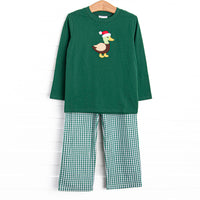 This set features a green long sleeve top with a santa mallard applique and green gingham pants to match.