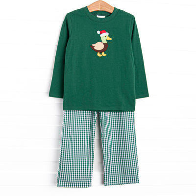 This set features a green long sleeve top with a santa mallard applique and green gingham pants to match.