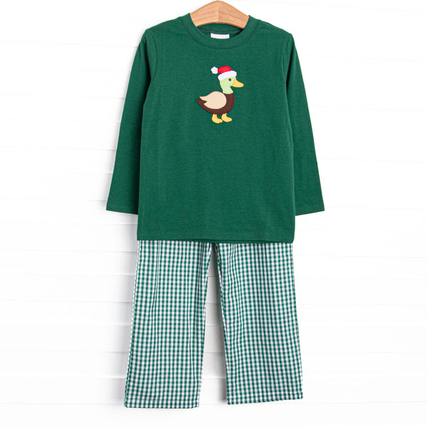 This set features a green long sleeve top with a santa mallard applique and green gingham pants to match.