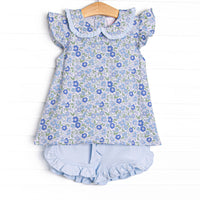 Little Miss Daisy Collared Ruffle Short Set, Blue