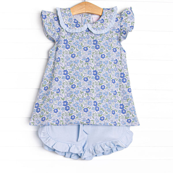 Little Miss Daisy Collared Ruffle Short Set, Blue