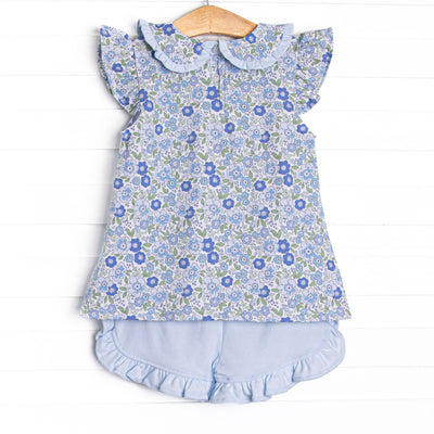 Little Miss Daisy Collared Ruffle Short Set, Blue