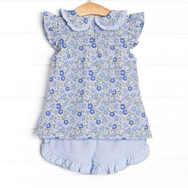 Little Miss Daisy Collared Ruffle Short Set, Blue