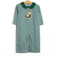  This romper features a green gingham print, a peter pan collar, and a santa mallard applique. 