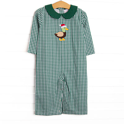  This romper features a green gingham print, a peter pan collar, and a santa mallard applique. 