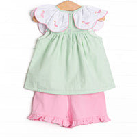 Flamingo Flock Embroidered Short Set, Green Seersucker