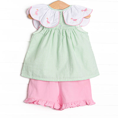 Flamingo Flock Embroidered Short Set, Green Seersucker