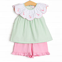 Flamingo Flock Embroidered Short Set, Green Seersucker