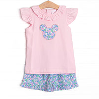 Floral Fairytale Applique Ruffle Short Set, Pink