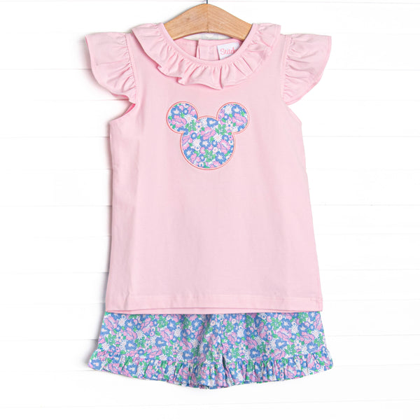 Floral Fairytale Applique Ruffle Short Set, Pink