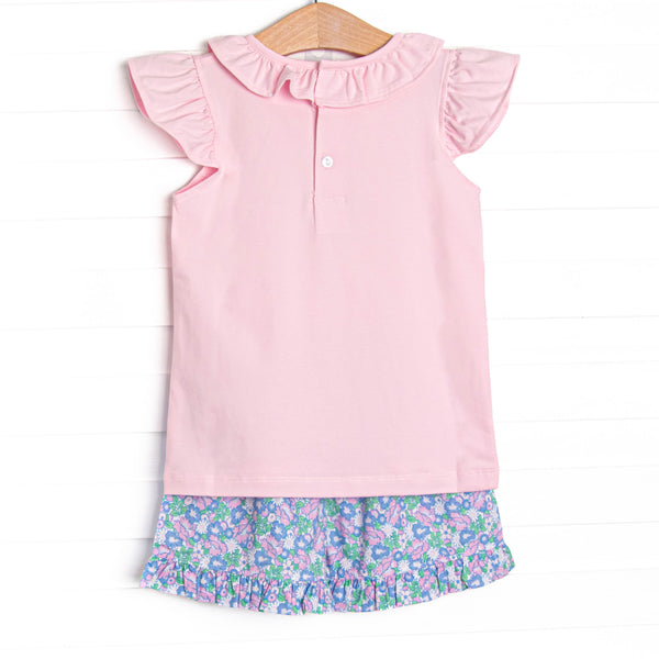 Floral Fairytale Applique Ruffle Short Set, Pink