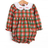 This bubble features a red plaid print, a peter pan collar, and bow embroideries. 