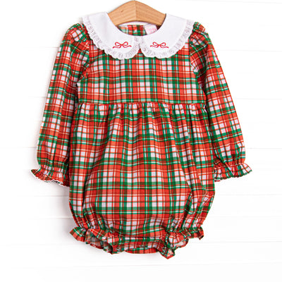  This bubble features a red plaid print, a peter pan collar, and bow embroideries. 