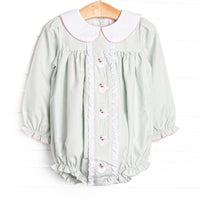 This bubble features a sage green gingham, peter pan collar, and santa embroidery.