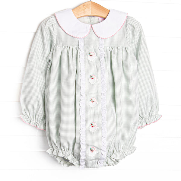 This bubble features a sage green gingham, peter pan collar, and santa embroidery.