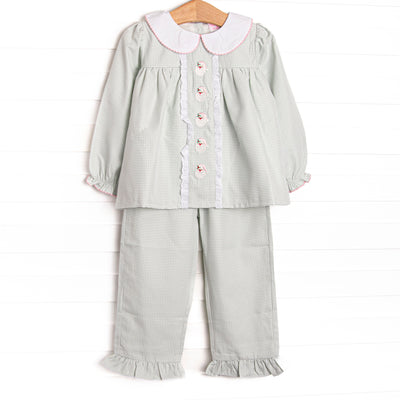This buset ble features a sage green gingham, peter pan collar, and santa embroidery.