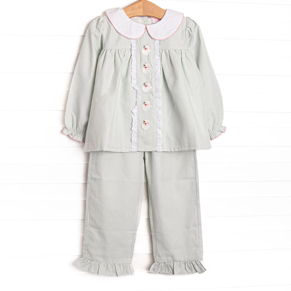This buset ble features a sage green gingham, peter pan collar, and santa embroidery.