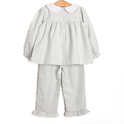 Joyous and Jolly Embroidered Ruffle Pant Set, Green