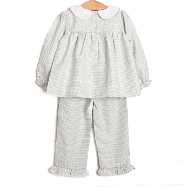 Joyous and Jolly Embroidered Ruffle Pant Set, Green