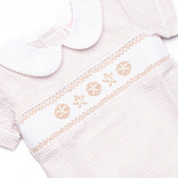 Beach is Better Smocked Collared Short Set, Tan Seersucker
