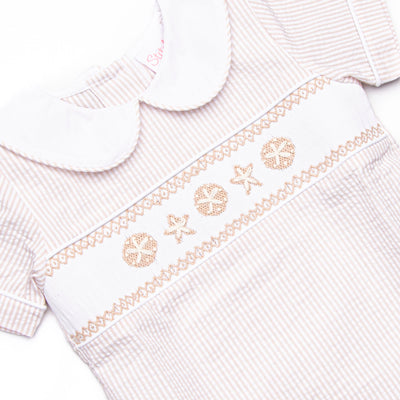 Beach is Better Smocked Collared Short Set, Tan Seersucker