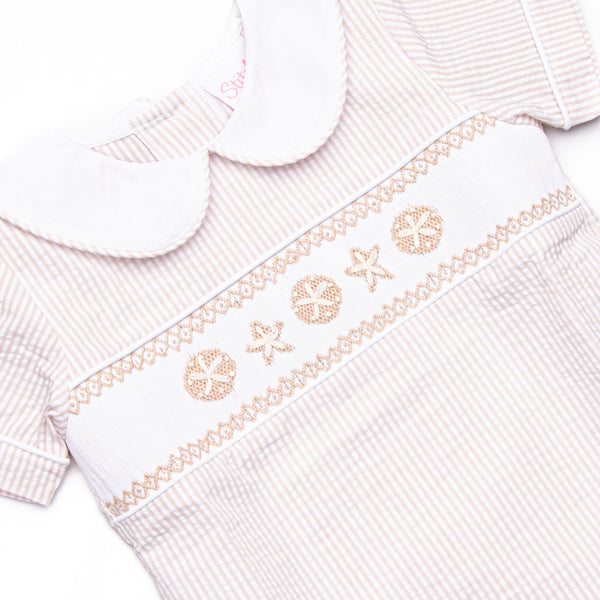 Beach is Better Smocked Collared Short Set, Tan Seersucker