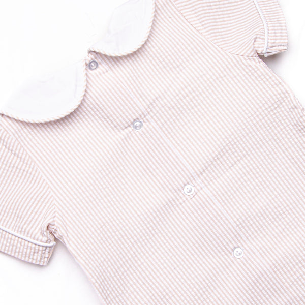 Beach is Better Smocked Collared Short Set, Tan Seersucker