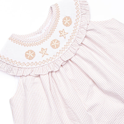 Beach is Better Smocked Bib Dress, Tan Seersucker