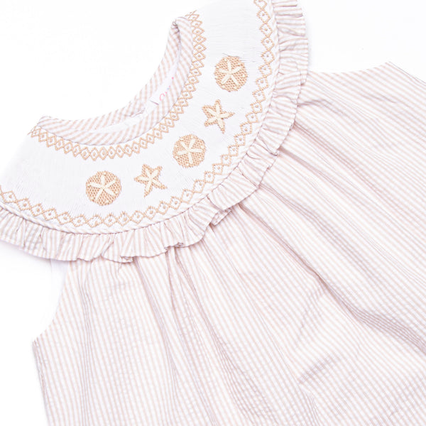 Beach is Better Smocked Bib Dress, Tan Seersucker
