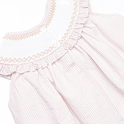 Beach is Better Smocked Bib Dress, Tan Seersucker