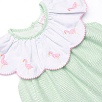 Flamingo Flock Embroidered Short Set, Green Seersucker
