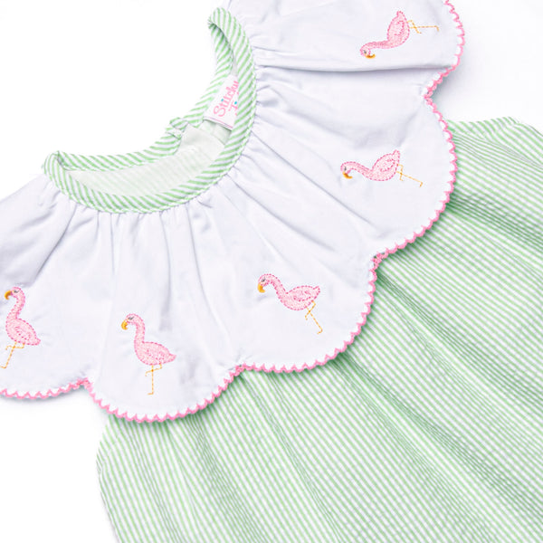 Flamingo Flock Embroidered Short Set, Green Seersucker