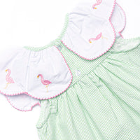 Flamingo Flock Embroidered Short Set, Green Seersucker