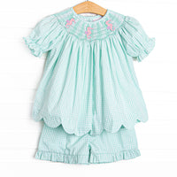 Sea Grass Seahorses Smocked Scalloped Short Set, Mint